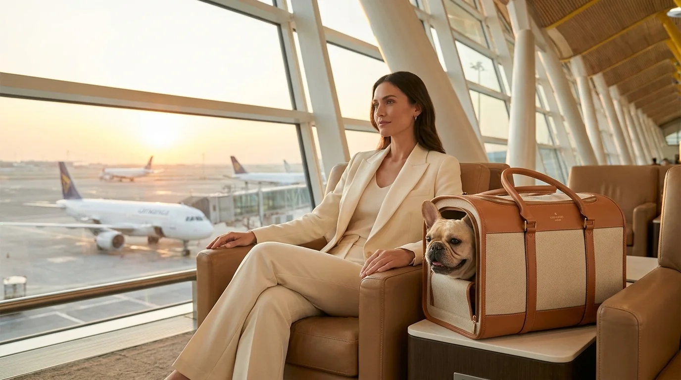 A traveller and a dog in a pet carrier in an airport lounge